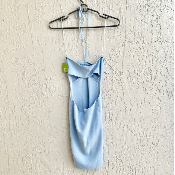 NWT Market Strapless Ribbed Knit Sweatheart Tie Mini Dress Blue Women's Small - Picture 5 of 6